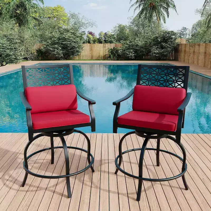 Lot de 2 tabourets de bar pivotants d'extérieur Acekool avec coussins, chaises de patio pivotantes à 360° hauteur comptoir avec accoudoirs et dossier