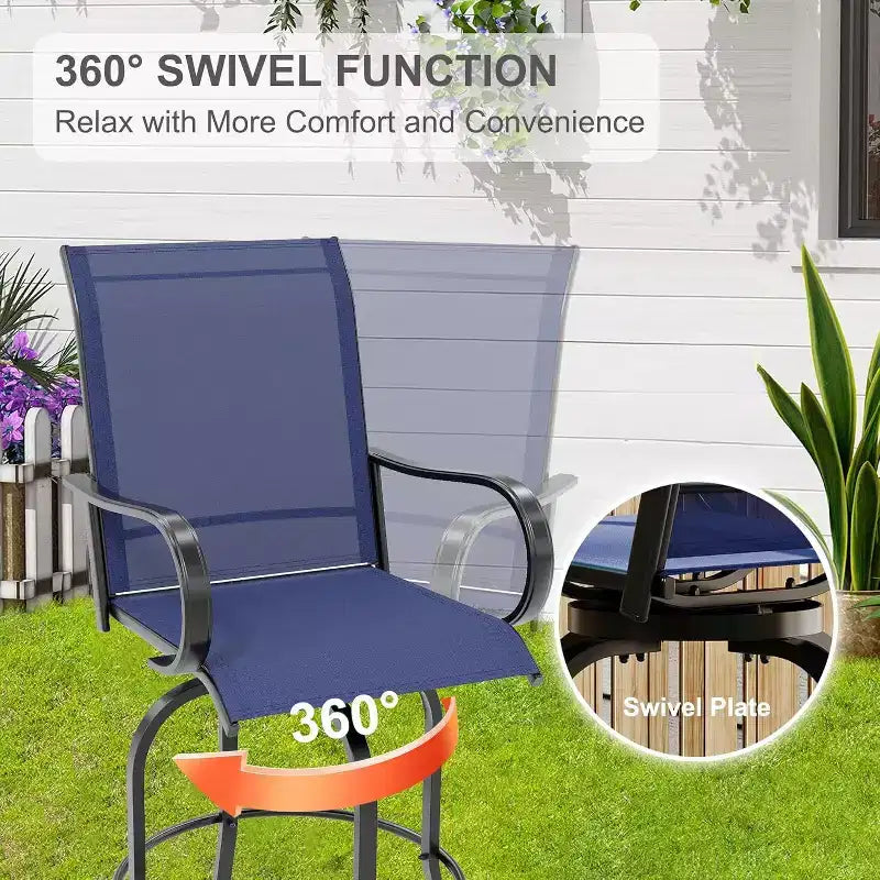 Acekool Lot de 2 tabourets de bar pivotants d'extérieur avec dossier haut et accoudoirs, chaises de terrasse en textilène toutes saisons avec rotation à 360° pour terrasse et patio