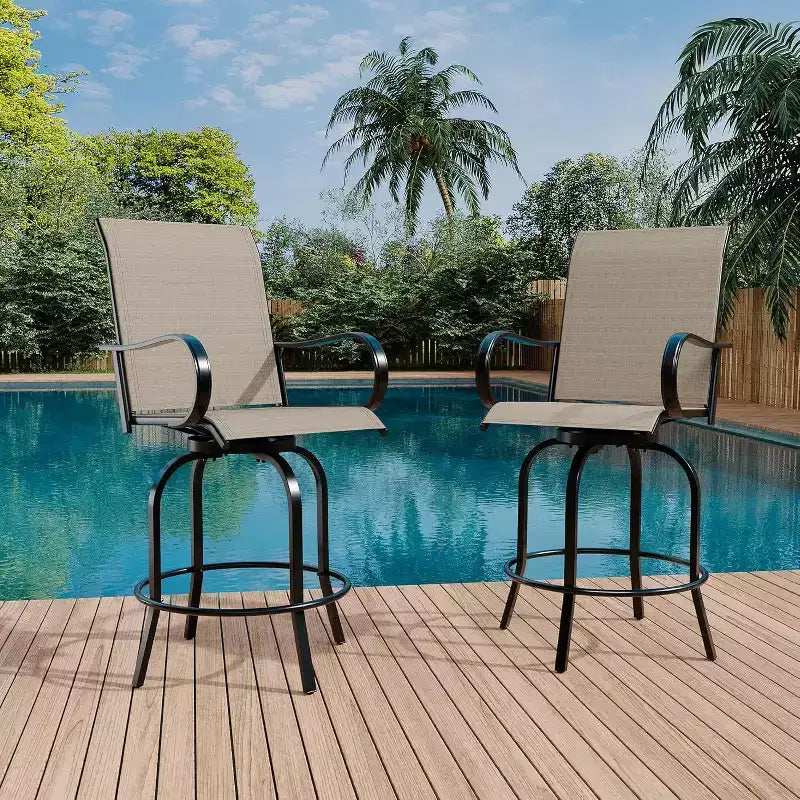 Acekool Lot de 2 tabourets de bar pivotants d'extérieur avec dossier haut et accoudoirs, chaises de terrasse en textilène toutes saisons avec rotation à 360° pour terrasse et patio