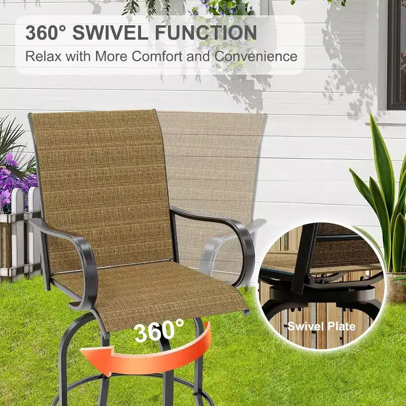 Acekool Lot de 2 tabourets de bar pivotants d'extérieur avec dossier haut et accoudoirs, chaises de terrasse en textilène toutes saisons avec rotation à 360° pour terrasse et patio