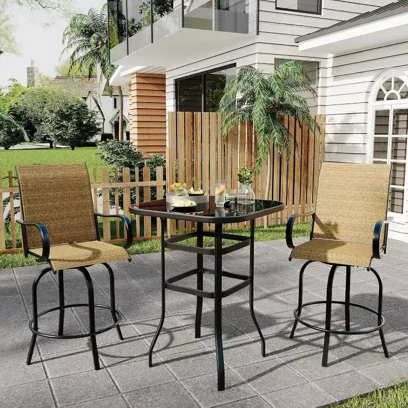 Acekool Lot de 2 tabourets de bar pivotants d'extérieur avec dossier haut et accoudoirs, chaises de terrasse en textilène toutes saisons avec rotation à 360° pour terrasse et patio