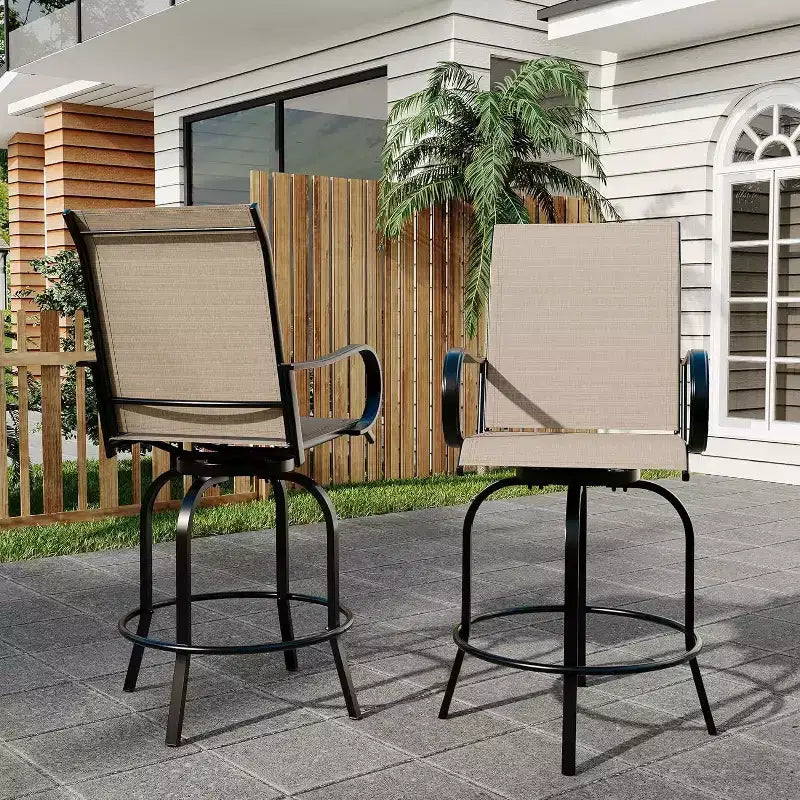 Acekool Lot de 2 tabourets de bar pivotants d'extérieur avec dossier haut et accoudoirs, chaises de terrasse en textilène toutes saisons avec rotation à 360° pour terrasse et patio