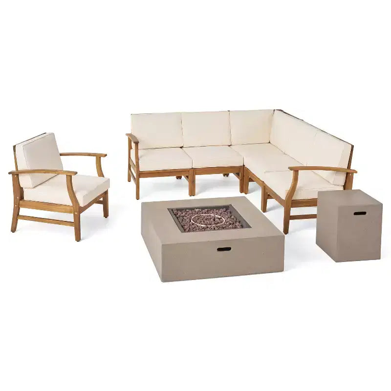 Christopher Knight Home Illona Outdoor Acacia Wood 6 Seater Sectional Sofa and Club Chair Set with Fire Pit