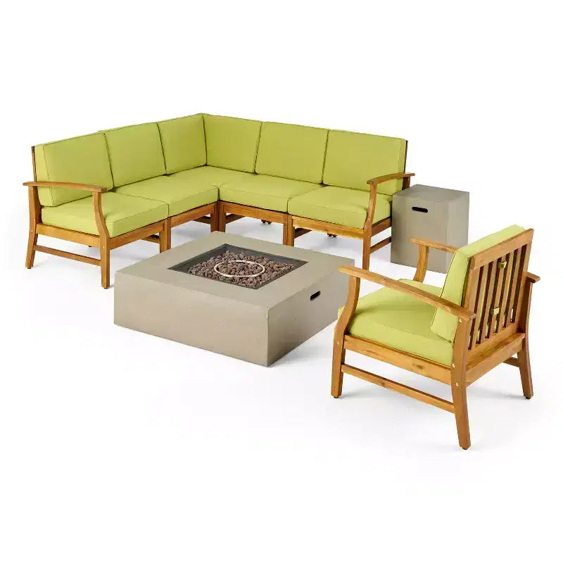 Christopher Knight Home Illona Outdoor Acacia Wood 6 Seater Sectional Sofa and Club Chair Set with Fire Pit