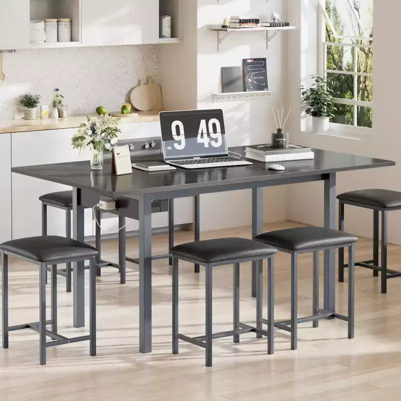 VECELO 7-Piece Dining Table Set with 6 Stools, 63 Expandable Kitchen Table with Metal Frame, Small Spaces, Black
