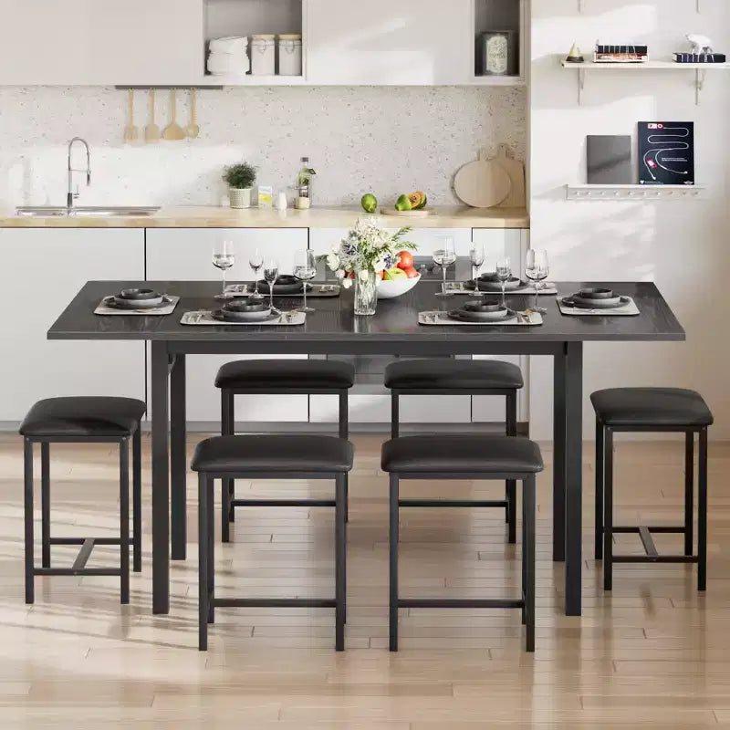 VECELO 7-Piece Dining Table Set with 6 Stools, 63 Expandable Kitchen Table with Metal Frame, Small Spaces, Black