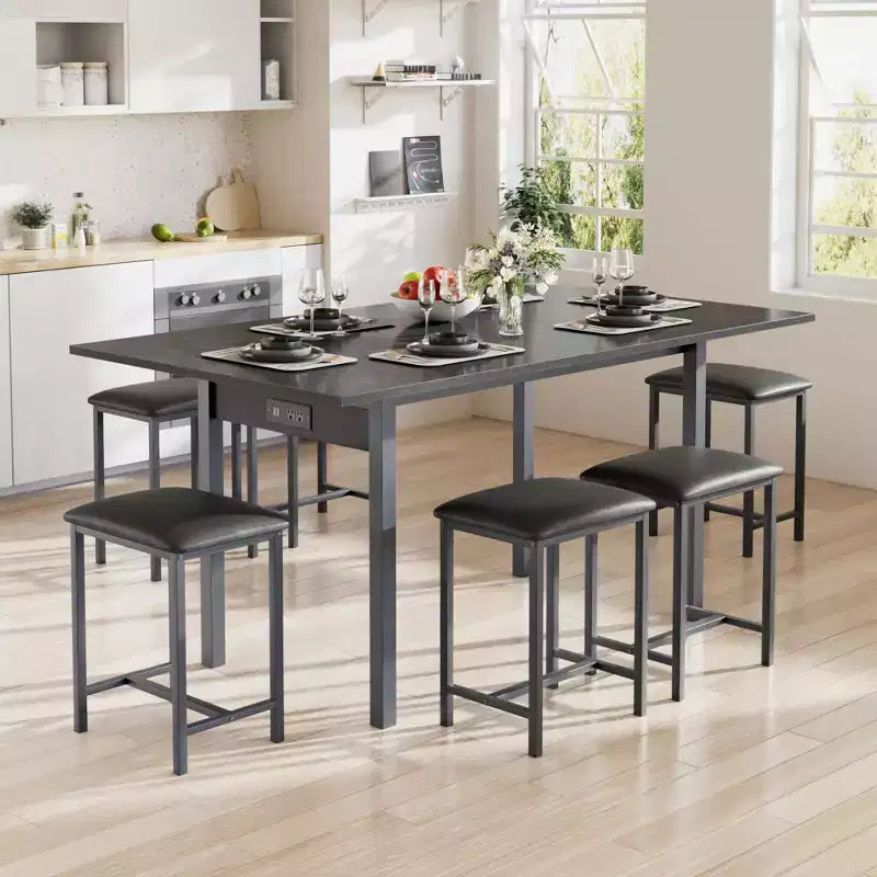 VECELO 7-Piece Dining Table Set with 6 Stools, 63 Expandable Kitchen Table with Metal Frame, Small Spaces, Black