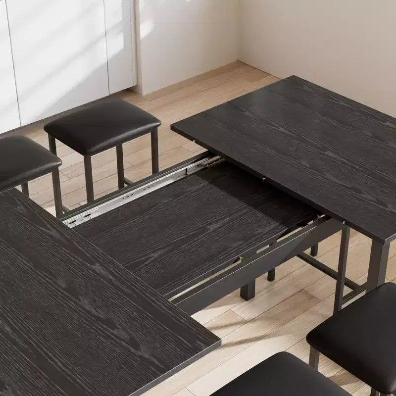 VECELO 7-Piece Dining Table Set with 6 Stools, 63 Expandable Kitchen Table with Metal Frame, Small Spaces, Black
