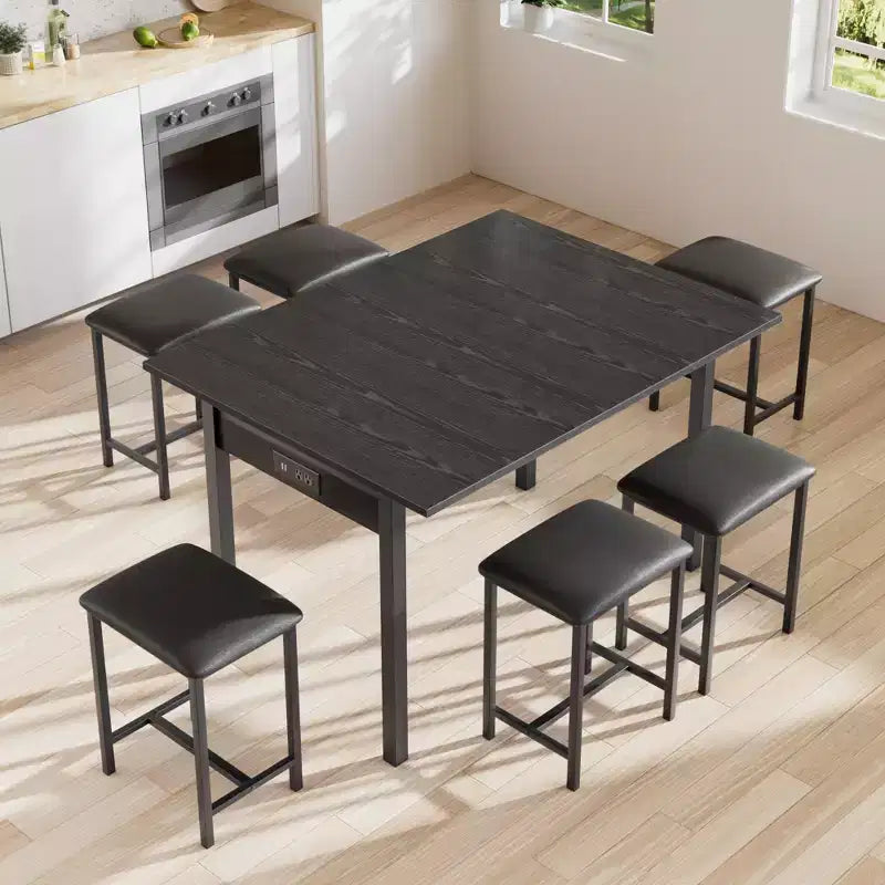 VECELO 7-Piece Dining Table Set with 6 Stools, 63 Expandable Kitchen Table with Metal Frame, Small Spaces, Black
