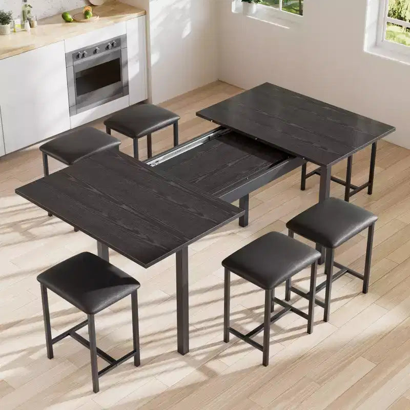 VECELO 7-Piece Dining Table Set with 6 Stools, 63 Expandable Kitchen Table with Metal Frame, Small Spaces, Black