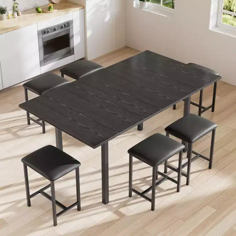 VECELO 7-Piece Dining Table Set with 6 Stools, 63 Expandable Kitchen Table with Metal Frame, Small Spaces, Black