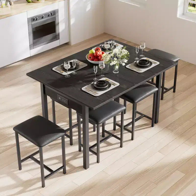 VECELO 7-Piece Dining Table Set with 6 Stools, 63 Expandable Kitchen Table with Metal Frame, Small Spaces, Black