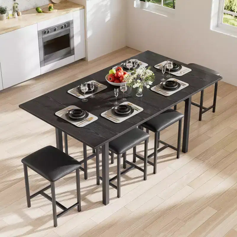 VECELO 7-Piece Dining Table Set with 6 Stools, 63 Expandable Kitchen Table with Metal Frame, Small Spaces, Black