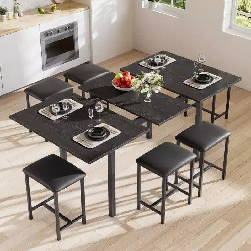 VECELO 7-Piece Dining Table Set with 6 Stools, 63 Expandable Kitchen Table with Metal Frame, Small Spaces, Black