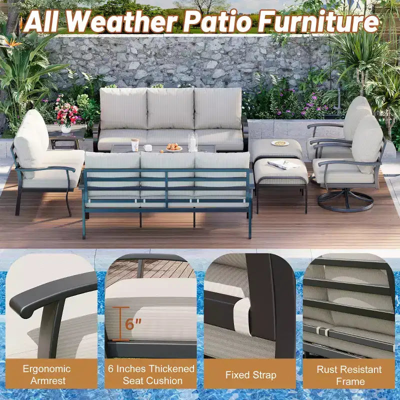 EROMMY 9 PCS Outdoor Metal Conversation Set For 10 Person