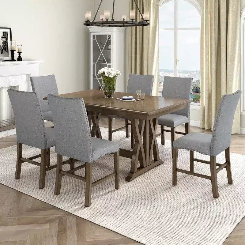 Whisen 7-Piece Dining Table Set with Upholstered Chairs and 12 Leaf