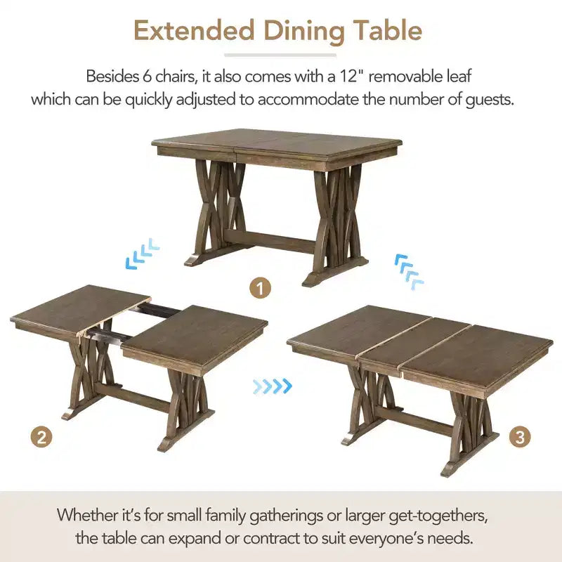 Whisen 7-Piece Dining Table Set with Upholstered Chairs and 12 Leaf