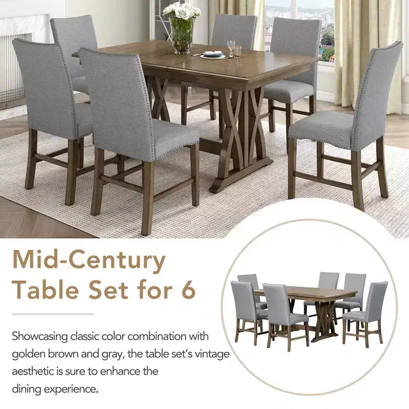 Whisen 7-Piece Dining Table Set with Upholstered Chairs and 12 Leaf