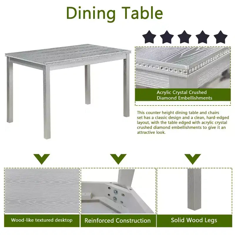 Ensemble de salle à manger 5 pièces avec table rectangulaire et 4 chaises rembourrées, table de salle à manger en bois avec décoration en cristal et ensemble de chaises