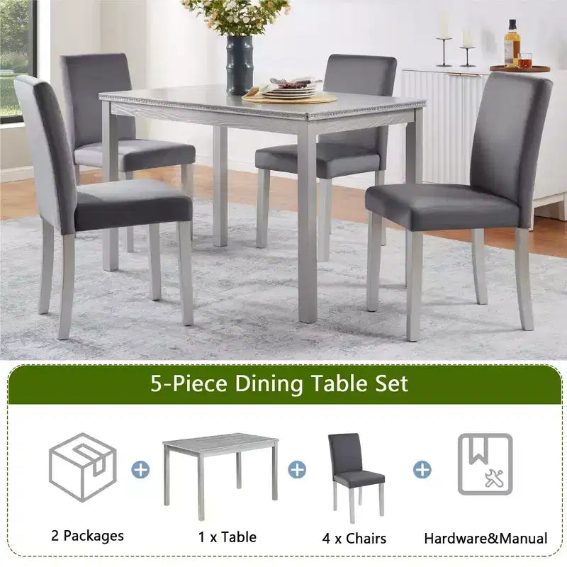 Ensemble de salle à manger 5 pièces avec table rectangulaire et 4 chaises rembourrées, table de salle à manger en bois avec décoration en cristal et ensemble de chaises