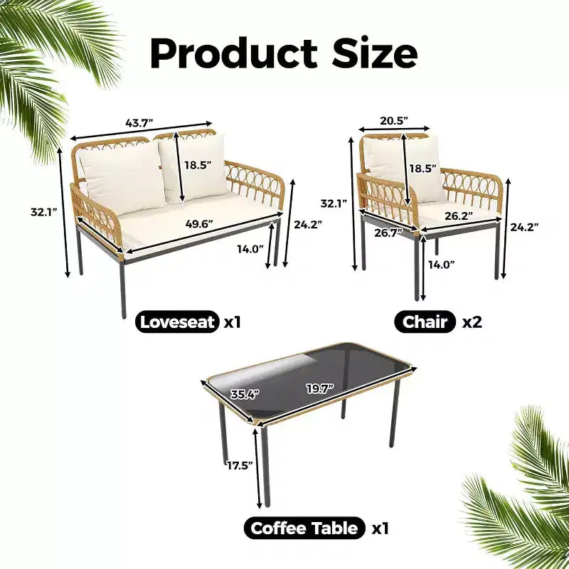 4-Piece Outdoor Patio Furniture Set, All-Weather PE Rattan Wicker Loveseat & Chairs with Glass Coffee Table & Steel Frame, Boho Conversation Set