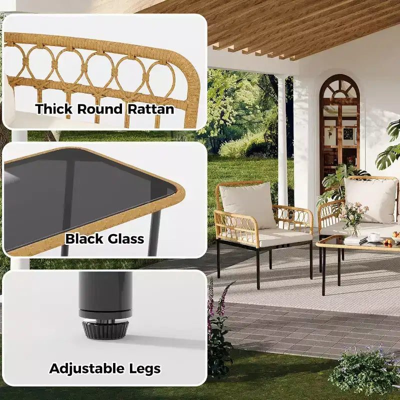 4-Piece Outdoor Patio Furniture Set, All-Weather PE Rattan Wicker Loveseat & Chairs with Glass Coffee Table & Steel Frame, Boho Conversation Set
