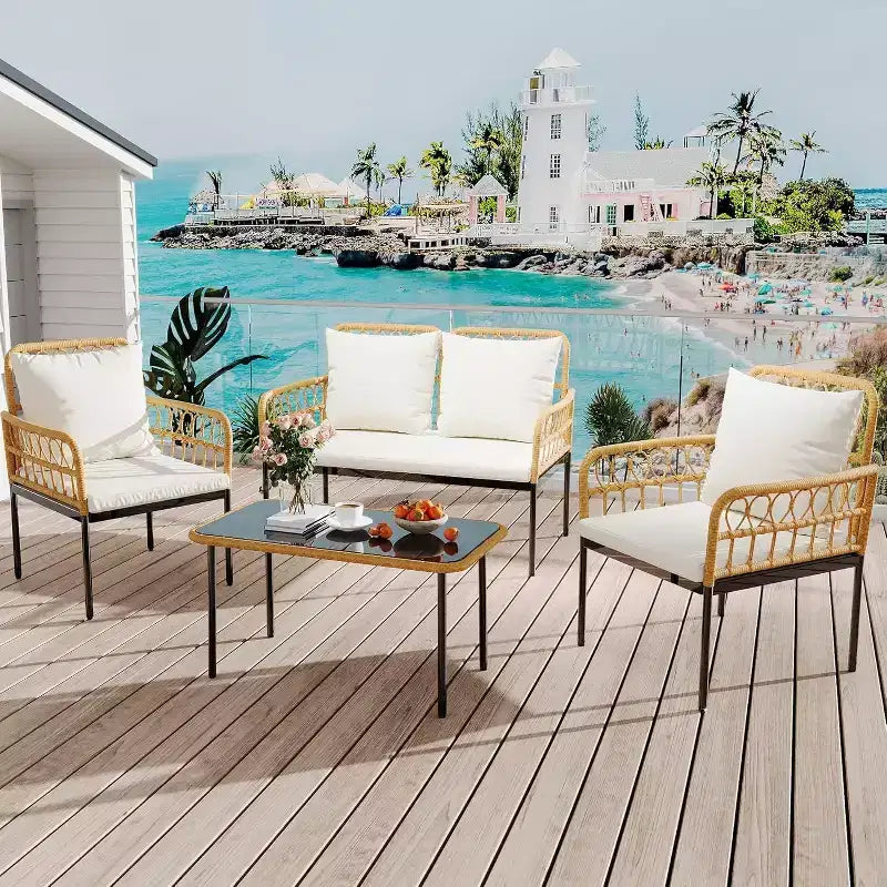4-Piece Outdoor Patio Furniture Set, All-Weather PE Rattan Wicker Loveseat & Chairs with Glass Coffee Table & Steel Frame, Boho Conversation Set