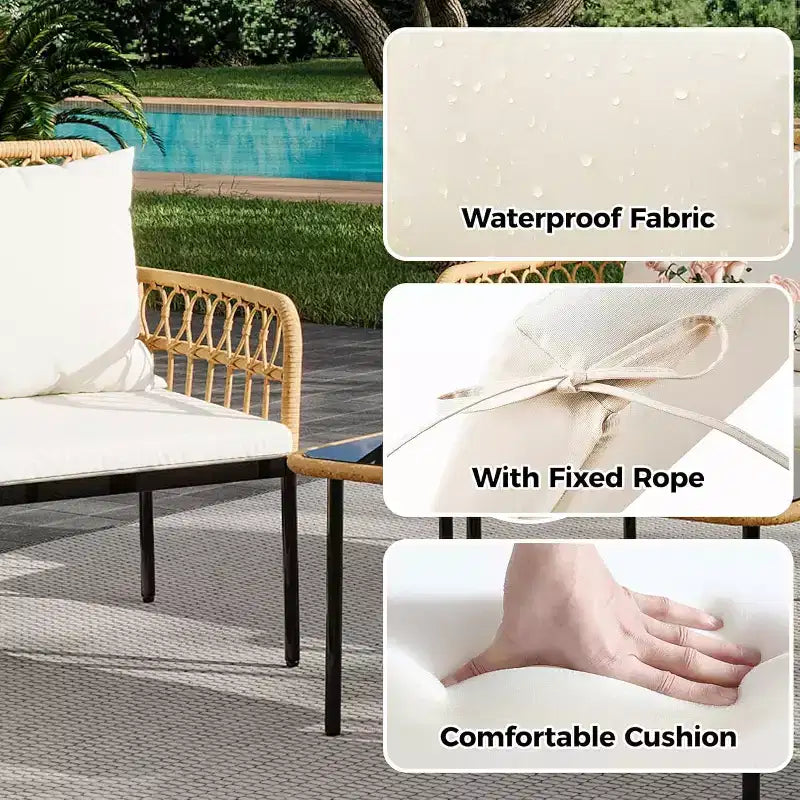 4-Piece Outdoor Patio Furniture Set, All-Weather PE Rattan Wicker Loveseat & Chairs with Glass Coffee Table & Steel Frame, Boho Conversation Set