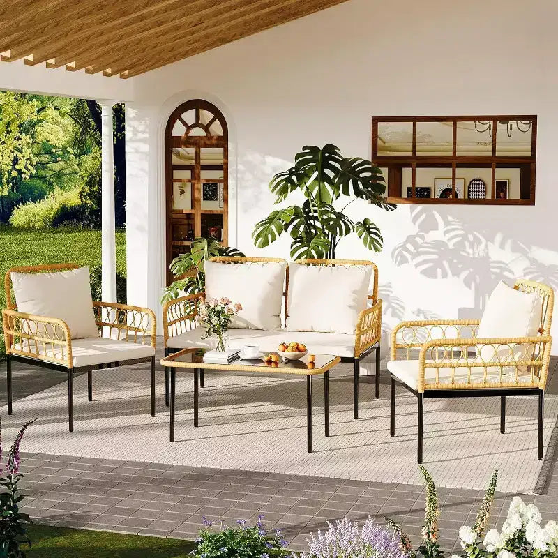 4-Piece Outdoor Patio Furniture Set, All-Weather PE Rattan Wicker Loveseat & Chairs with Glass Coffee Table & Steel Frame, Boho Conversation Set