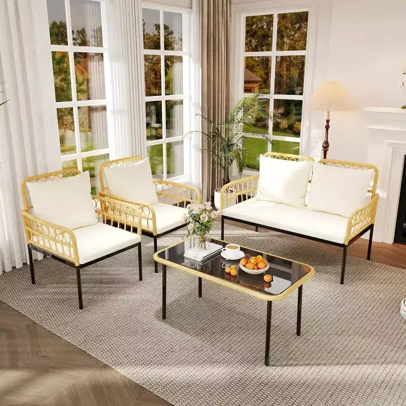 4-Piece Outdoor Patio Furniture Set, All-Weather PE Rattan Wicker Loveseat & Chairs with Glass Coffee Table & Steel Frame, Boho Conversation Set