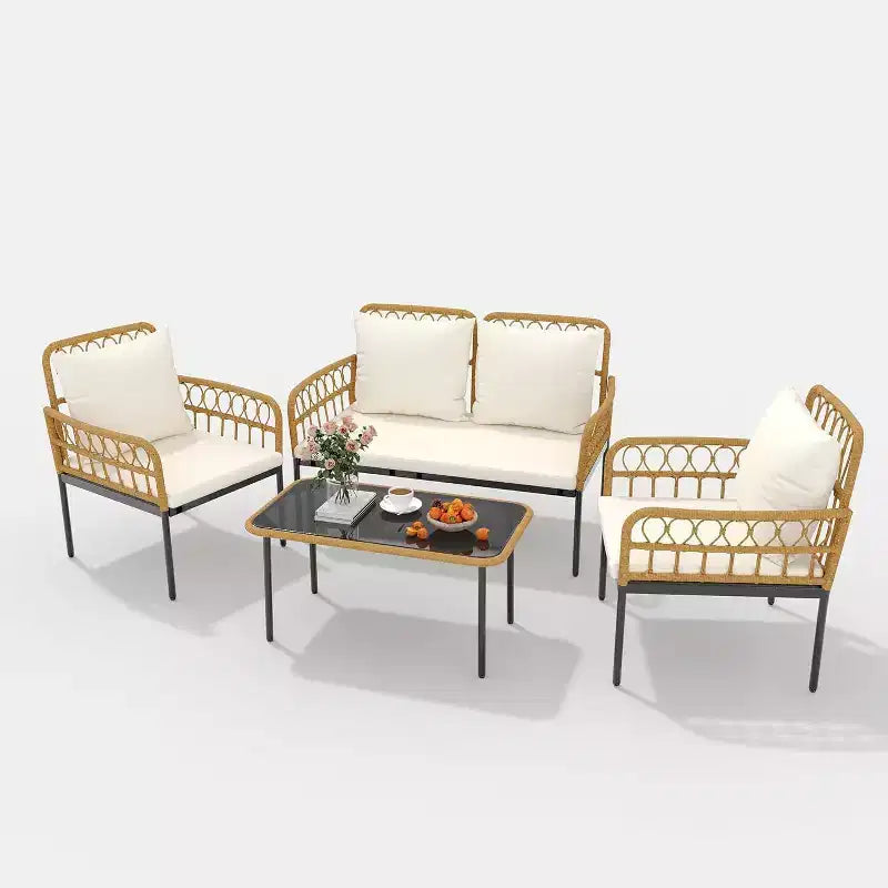 4-Piece Outdoor Patio Furniture Set, All-Weather PE Rattan Wicker Loveseat & Chairs with Glass Coffee Table & Steel Frame, Boho Conversation Set