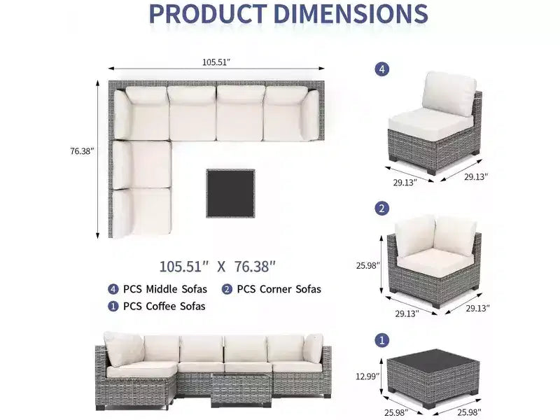 7Pcs PE Rattan Patio Conversation Set with Sectional Sofa & Coffee Table, Outdoor Furniture for Garden, Poolside, and Backyard