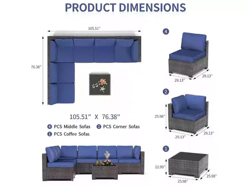 7Pcs PE Rattan Patio Conversation Set with Sectional Sofa & Coffee Table, Outdoor Furniture for Garden, Poolside, and Backyard