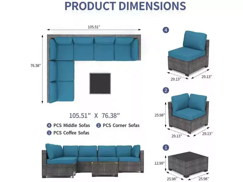 7Pcs PE Rattan Patio Conversation Set with Sectional Sofa & Coffee Table, Outdoor Furniture for Garden, Poolside, and Backyard