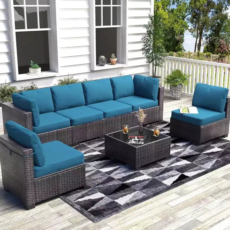 Ensemble de conversation de patio en rotin PE 7 pièces avec canapé modulable et table basse, meubles d'extérieur pour jardin, piscine et arrière-cour