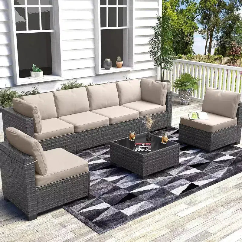 Ensemble de conversation de patio en rotin PE 7 pièces avec canapé modulable et table basse, meubles d'extérieur pour jardin, piscine et arrière-cour