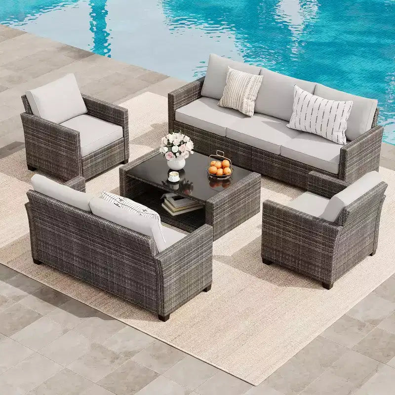 Outdoor Wicker Patio Furniture Sectional Set, Glass Top Table with Hidden Storage, Includes 7 Seating Components, Natural Rattan with Cushions