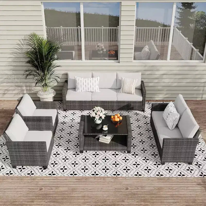 Outdoor Wicker Patio Furniture Sectional Set, Glass Top Table with Hidden Storage, Includes 7 Seating Components, Natural Rattan with Cushions