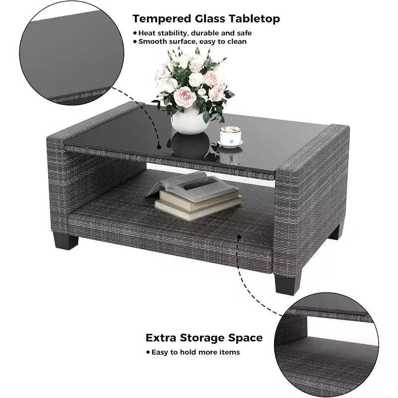 Outdoor Wicker Patio Furniture Sectional Set, Glass Top Table with Hidden Storage, Includes 7 Seating Components, Natural Rattan with Cushions