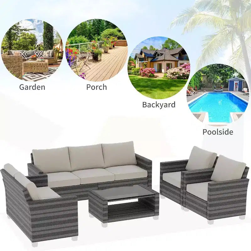 Outdoor Wicker Patio Furniture Sectional Set, Glass Top Table with Hidden Storage, Includes 7 Seating Components, Natural Rattan with Cushions