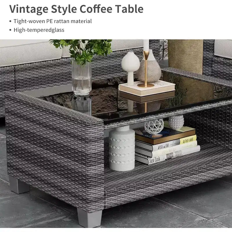 Outdoor Wicker Patio Furniture Sectional Set, Glass Top Table with Hidden Storage, Includes 7 Seating Components, Natural Rattan with Cushions