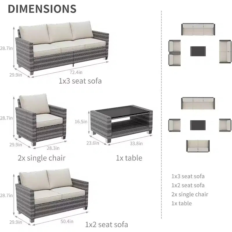 Outdoor Wicker Patio Furniture Sectional Set, Glass Top Table with Hidden Storage, Includes 7 Seating Components, Natural Rattan with Cushions