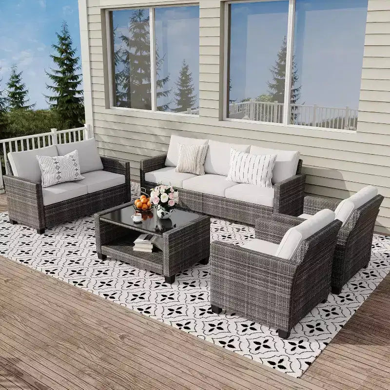 Outdoor Wicker Patio Furniture Sectional Set, Glass Top Table with Hidden Storage, Includes 7 Seating Components, Natural Rattan with Cushions