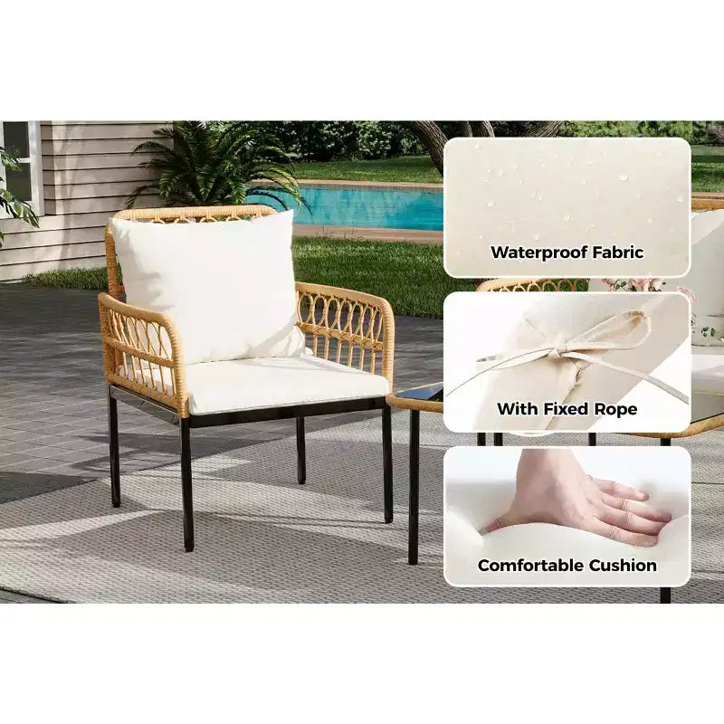4-Piece Outdoor Patio Furniture Set with Table, Chaise Lounge & 2 Cushioned Armchairs, Rattan Balcony Set for Porch, Lawn, Poolside & Deck