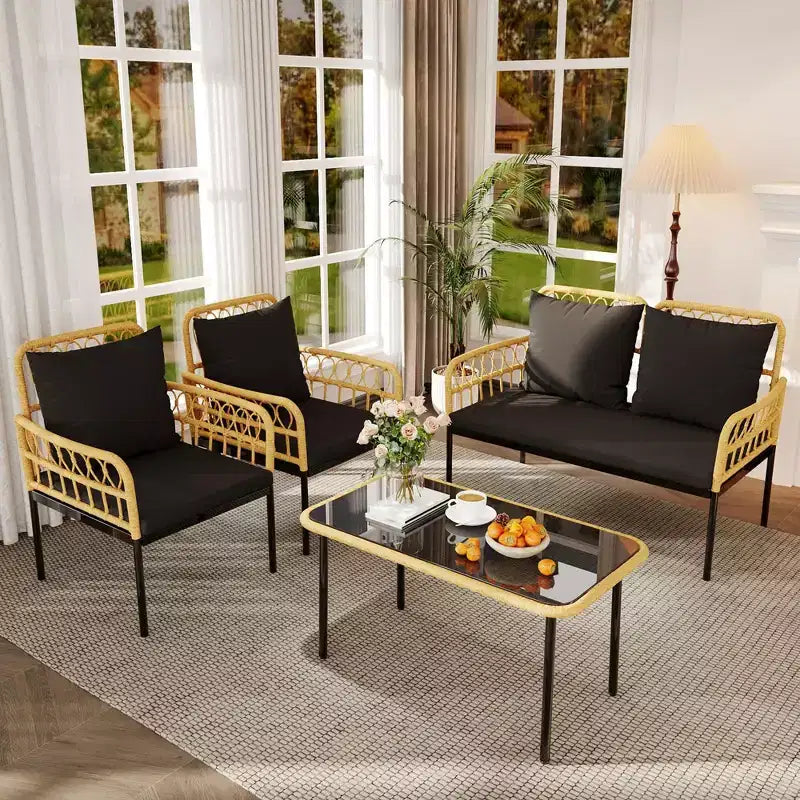 4-Piece Outdoor Patio Furniture Set with Table, Chaise Lounge & 2 Cushioned Armchairs, Rattan Balcony Set for Porch, Lawn, Poolside & Deck