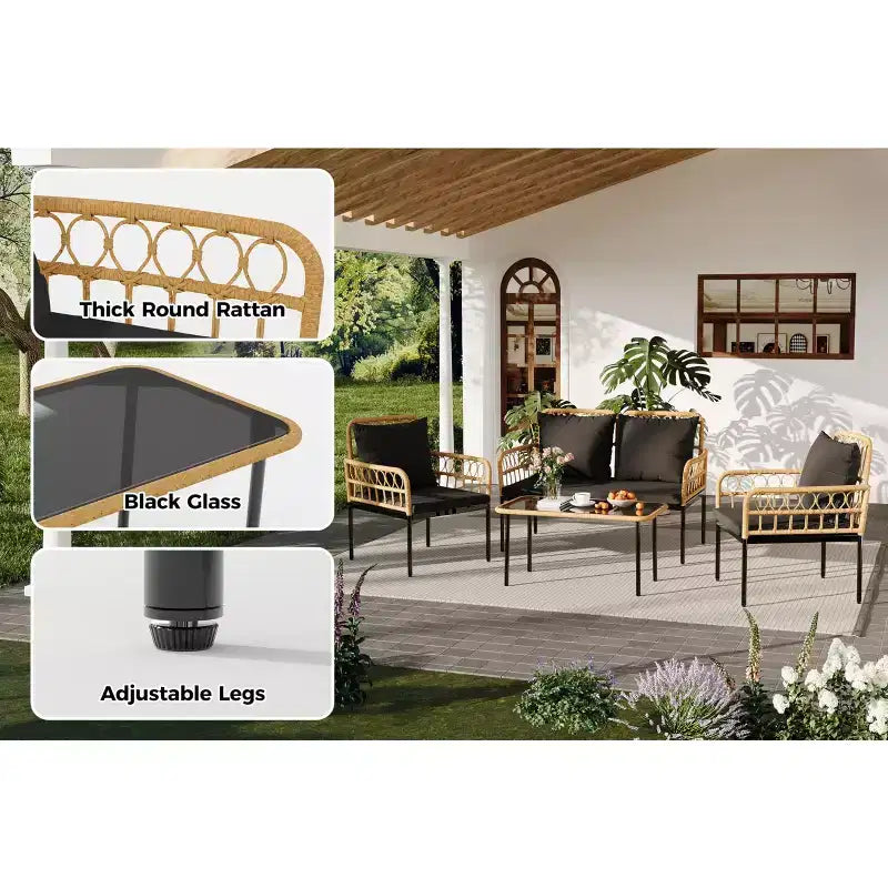 4-Piece Outdoor Patio Furniture Set with Table, Chaise Lounge & 2 Cushioned Armchairs, Rattan Balcony Set for Porch, Lawn, Poolside & Deck