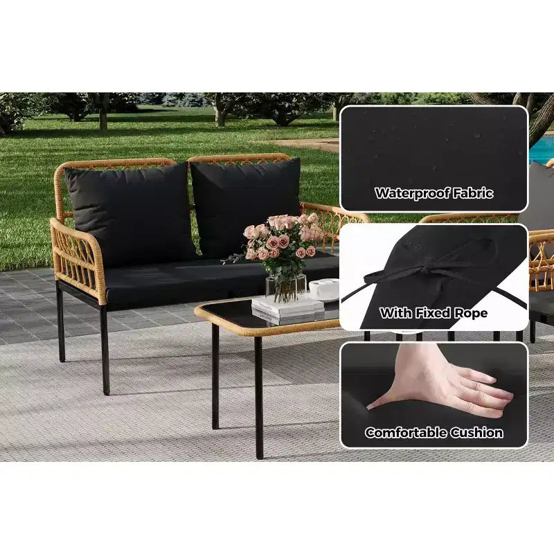4-Piece Outdoor Patio Furniture Set with Table, Chaise Lounge & 2 Cushioned Armchairs, Rattan Balcony Set for Porch, Lawn, Poolside & Deck
