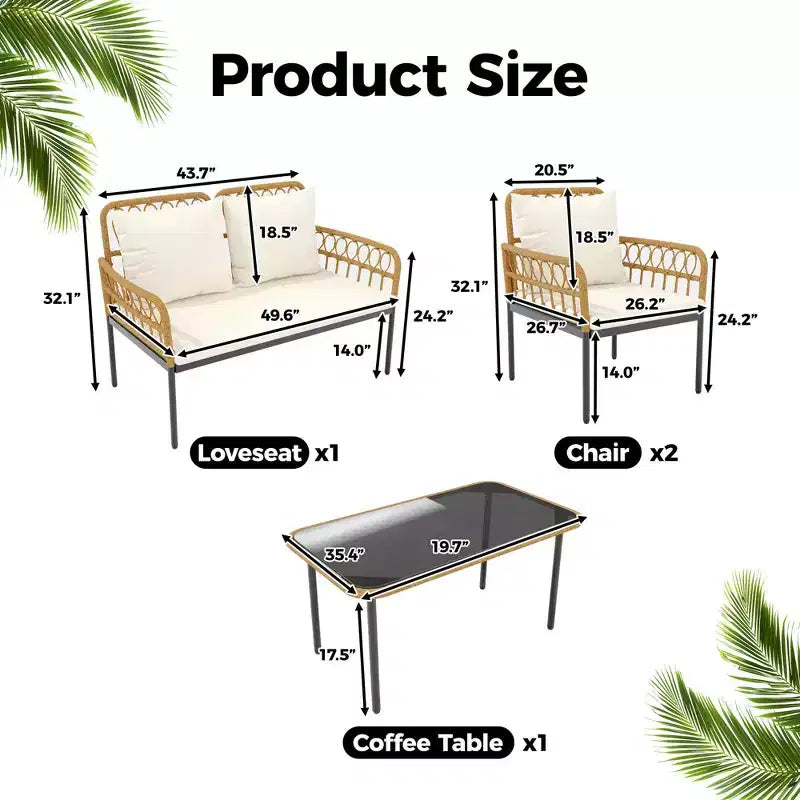 4-Piece Outdoor Patio Furniture Set with Table, Chaise Lounge & 2 Cushioned Armchairs, Rattan Balcony Set for Porch, Lawn, Poolside & Deck