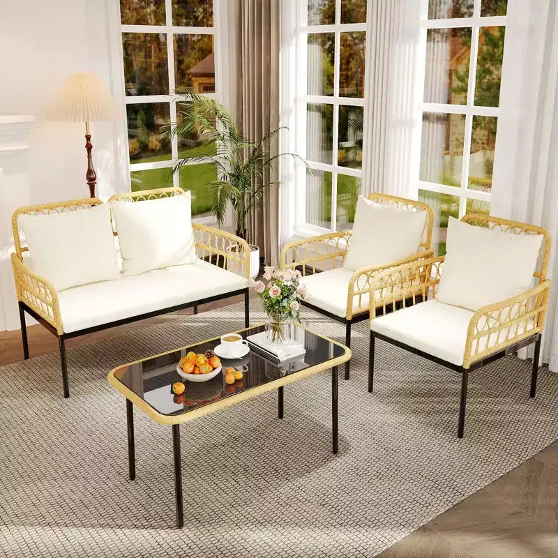 4-Piece Outdoor Patio Furniture Set with Table, Chaise Lounge & 2 Cushioned Armchairs, Rattan Balcony Set for Porch, Lawn, Poolside & Deck