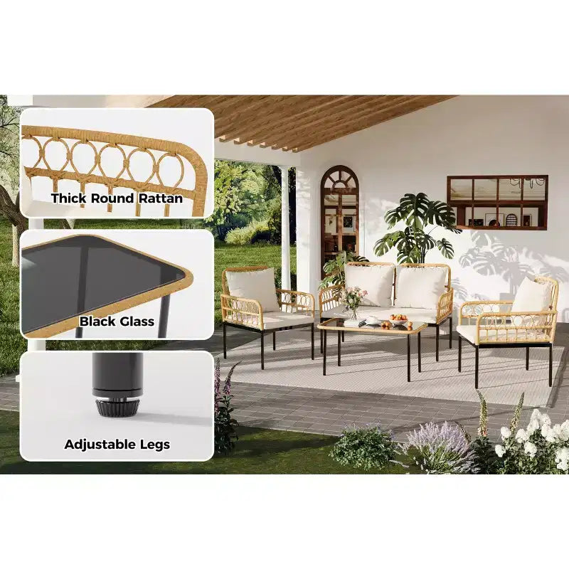4-Piece Outdoor Patio Furniture Set with Table, Chaise Lounge & 2 Cushioned Armchairs, Rattan Balcony Set for Porch, Lawn, Poolside & Deck
